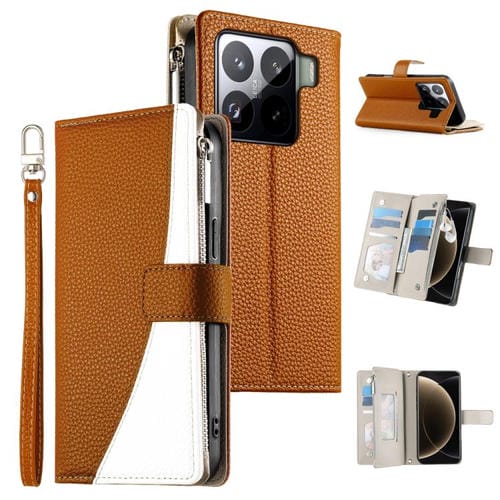 Funda de cuero con cremallera para Xiaomi 15 Pro, con mĂșltiples tarjetas y costuras, con correa corta (marrĂłn)