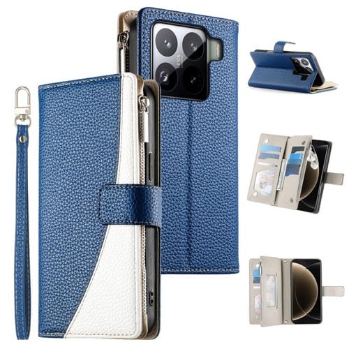 Funda de cuero con cremallera para Xiaomi 15 Pro, con mĂșltiples tarjetas y costuras, con correa corta (azul oscuro)