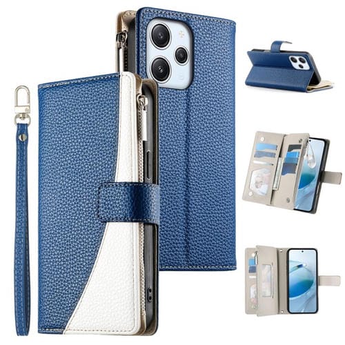 Funda de cuero con cremallera para Redmi 12 4G / 5G / Note 12R, con costuras, para mĂșltiples tarjetas y correa corta (azul oscuro)
