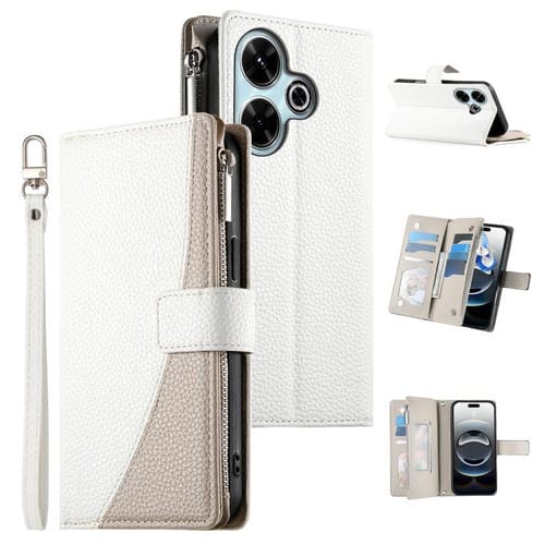 Funda de cuero con cremallera para Redmi 13 4G / 5G / Xiaomi Poco M6 4G, con costuras, para mĂșltiples tarjetas y correa corta (blanca)