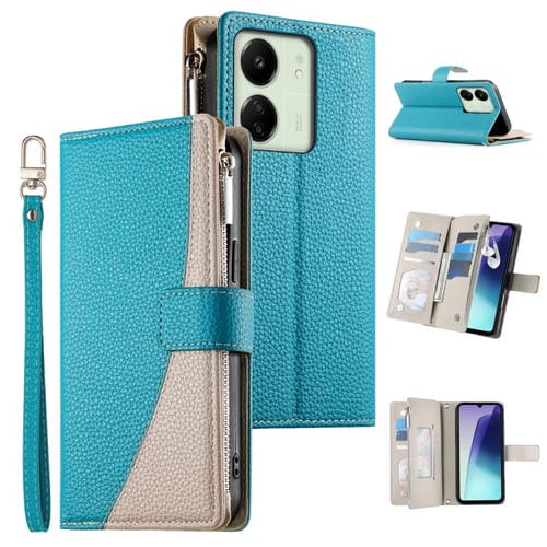 Funda de cuero con cremallera y mĂșltiples tarjetas para Redmi 13C 4G / 5G / 13R / Xiaomi Poco C65 (azul)