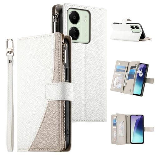 Funda de cuero con cremallera y mĂșltiples tarjetas para Redmi 13C 4G / 5G / 13R / Xiaomi Poco C65 (blanco)