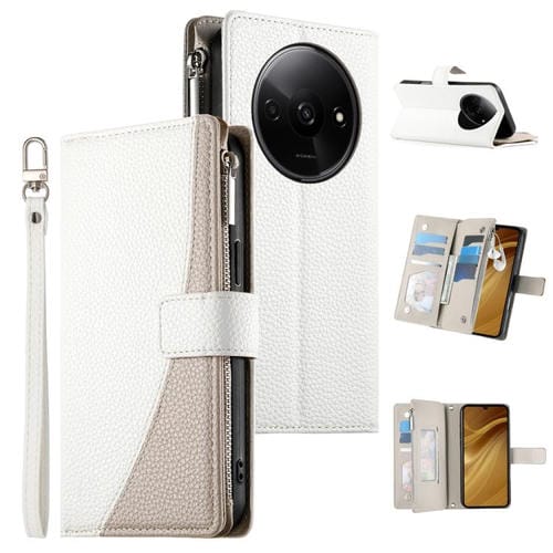 Funda de cuero con cremallera para Redmi A3 / Xiaomi Poco C61, con costuras, para mĂșltiples tarjetas y correa corta (blanca)