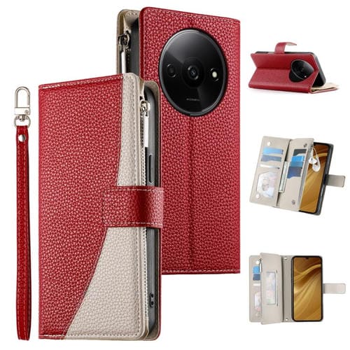 Funda de cuero con cremallera para Redmi A3 y Xiaomi Poco C61, con costuras, para mĂșltiples tarjetas y correa corta (roja)