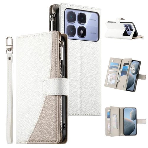 Funda de cuero con cremallera para Redmi K70 Ultra, con múltiples tarjetas y costuras, con correa corta (blanca)