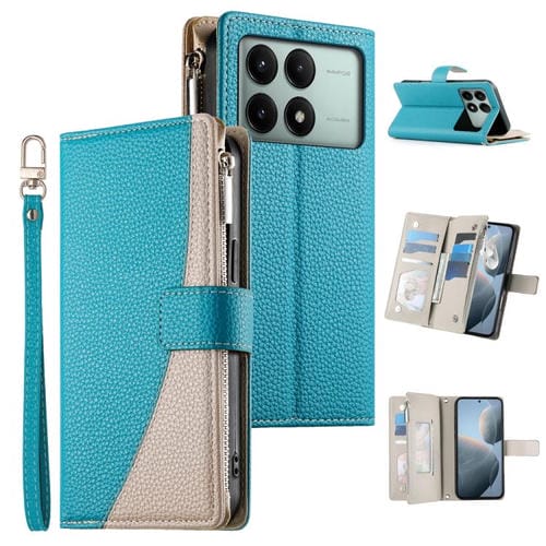 Funda de cuero con cremallera para Redmi K70E y Xiaomi Poco X6 Pro, con costuras, mĂșltiples tarjetas y correa corta (azul)