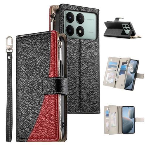 Funda de cuero con cremallera y mĂșltiples tarjetas para Redmi K70E/Xiaomi Poco X6 Pro, con costuras y correa corta (negra)