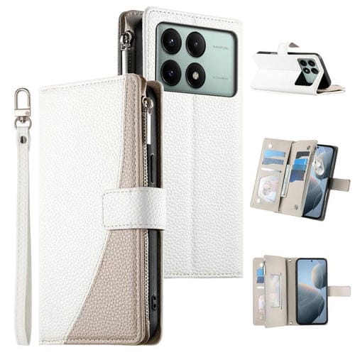 Funda de cuero con cremallera y múltiples tarjetas para Redmi K70E/Xiaomi Poco X6 Pro, con costuras y correa corta (blanca)