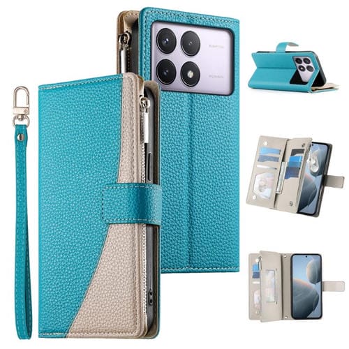 Funda de cuero con cremallera y mĂșltiples tarjetas para Redmi K70 / K70 Pro / Poco F6 Pro, con costuras y correa corta (azul)