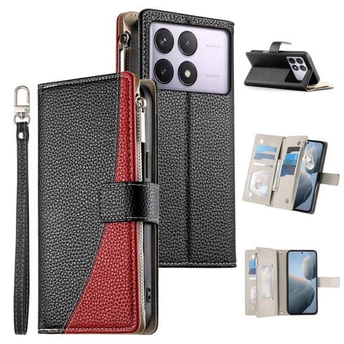 Funda de cuero con cremallera y mĂșltiples tarjetas para Redmi K70 / K70 Pro / Poco F6 Pro, con costuras y correa corta (negra)