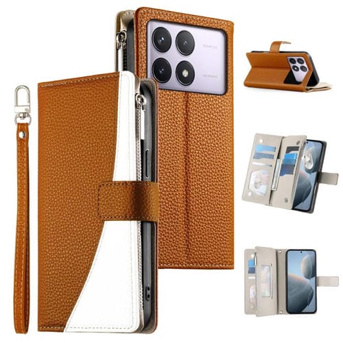 Funda de cuero con cremallera y mĂșltiples tarjetas para Redmi K70 / K70 Pro / Poco F6 Pro, con costuras y correa corta (marrĂłn)