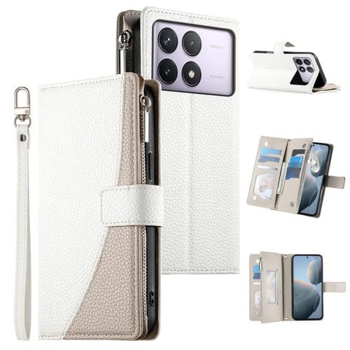 Funda de cuero con cremallera y mĂșltiples tarjetas para Redmi K70 / K70 Pro / Poco F6 Pro, con costuras y correa corta (blanca)