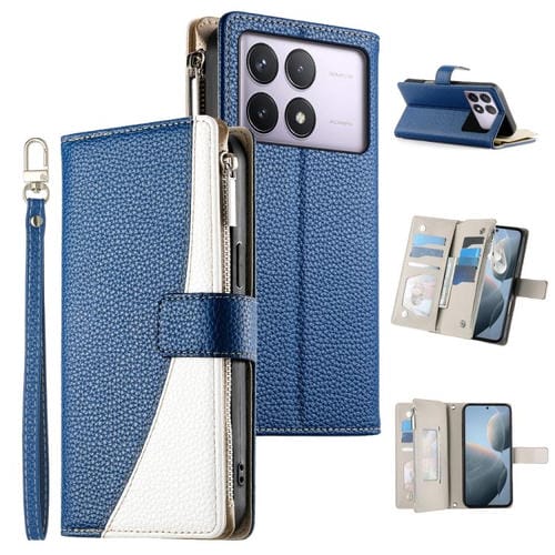 Funda de cuero con cremallera y mĂșltiples tarjetas para Redmi K70 / K70 Pro / Poco F6 Pro, con costuras y correa corta (azul oscuro)