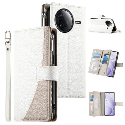 Funda de cuero con cremallera y mĂșltiples tarjetas para Redmi K80 / K80 Pro / Poco F7 Pro, con costuras y correa corta (blanca)