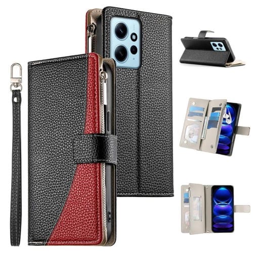 Funda de cuero con cremallera para Redmi Note 12 4G Global / Note 12R Pro, con costuras, para múltiples tarjetas y correa corta (negra)