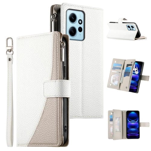 Funda de cuero con cremallera para Redmi Note 12 4G Global / Note 12R Pro, con costuras, para mĂșltiples tarjetas y correa corta (blanca)