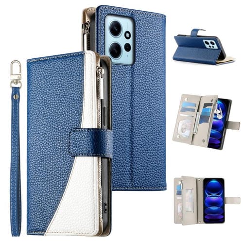 Funda de cuero con cremallera para Redmi Note 12 4G Global / Note 12R Pro, con costuras, para mĂșltiples tarjetas y correa corta (azul oscuro)