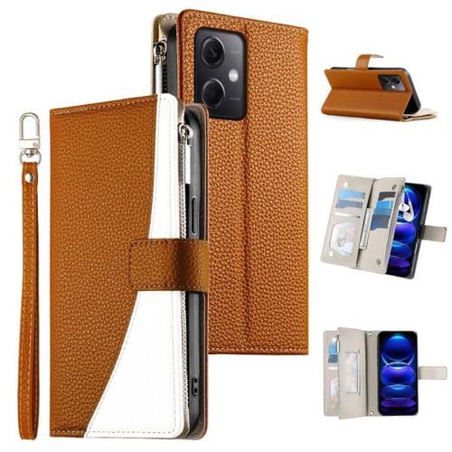 Funda de cuero con cremallera para Redmi Note 12 5G Global / Xiaomi Poco X5, con costuras, para mĂșltiples tarjetas y correa corta (marrĂłn)