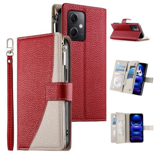 Funda de cuero con cremallera para Redmi Note 12 5G Global / Xiaomi Poco X5, con costuras, para mĂșltiples tarjetas y correa corta (roja)