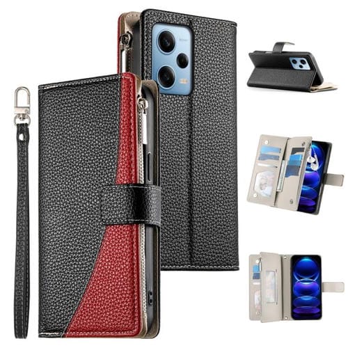 Funda de cuero con cremallera para Redmi Note 12 Pro 5G, con costuras globales, mĂșltiples tarjetas y correa corta (negra)