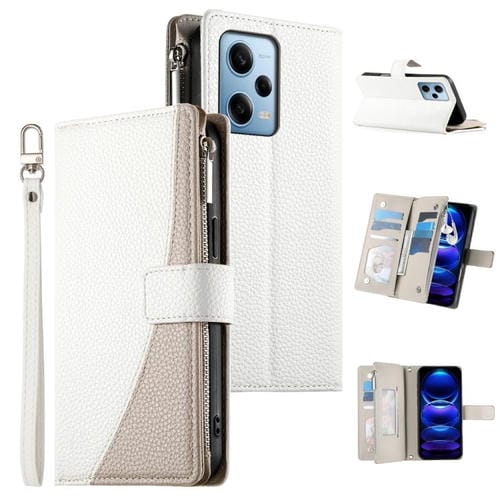 Funda de cuero con cremallera para Redmi Note 12 Pro 5G, con costuras globales, para múltiples tarjetas y correa corta (blanca)