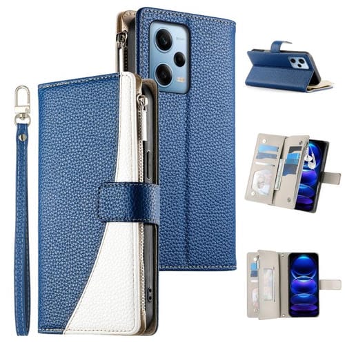 Funda de cuero con cremallera para Redmi Note 12 Pro 5G, con costuras globales, mĂșltiples tarjetas y correa corta (azul oscuro)