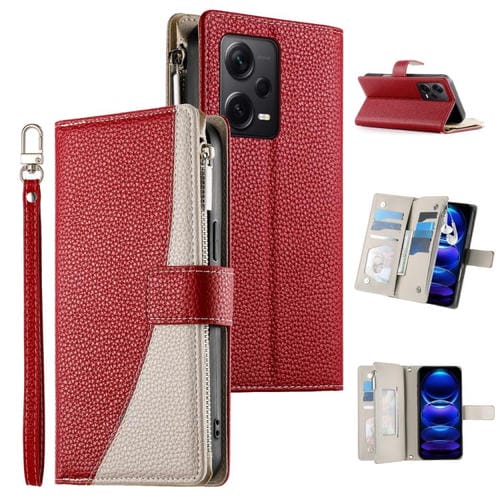 Funda de cuero con cremallera y mĂșltiples tarjetas para Redmi Note 12 Pro+ Global / Note 12 Explorer, con costuras y correa corta (roja)