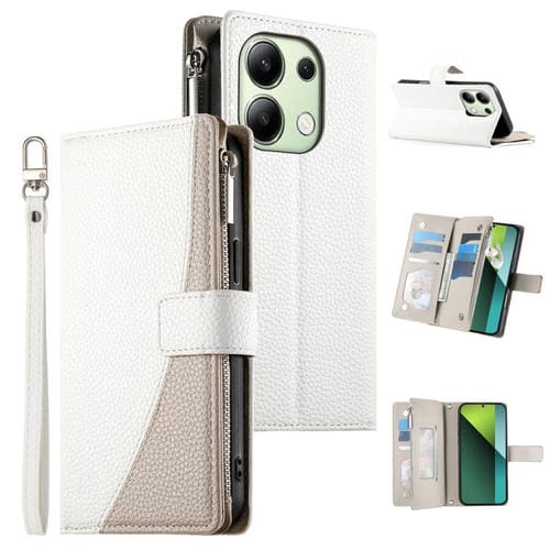 Funda de cuero con cremallera para Redmi Note 13 4G, con costuras globales, para mĂșltiples tarjetas y correa corta (blanca)