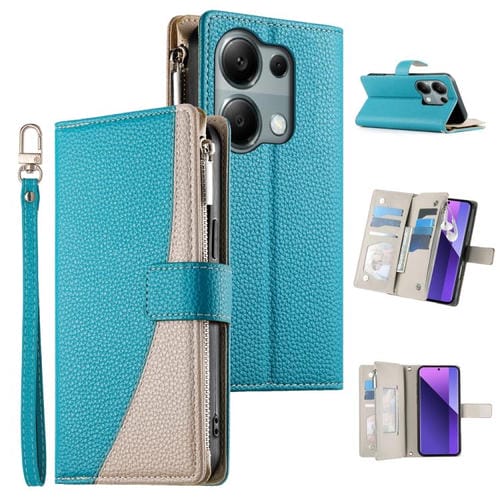 Funda de cuero con cremallera para Redmi Note 13 Pro 4G / Poco M6 Pro, con costuras, para mĂșltiples tarjetas y correa corta (azul)