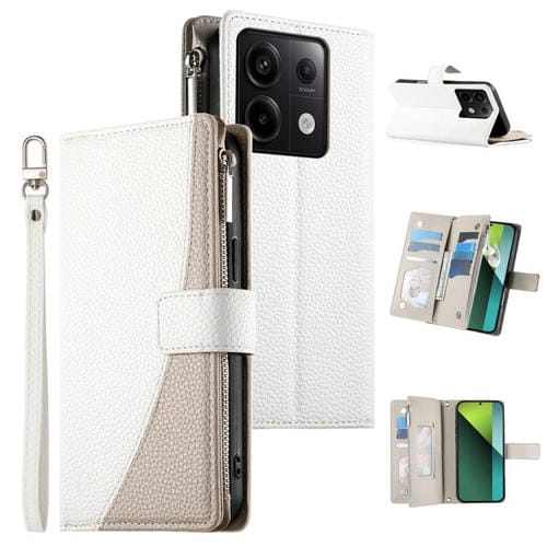 Funda de cuero con cremallera para Redmi Note 13 Pro y Xiaomi Poco X6, con costuras, para mĂșltiples tarjetas y correa corta (blanca)