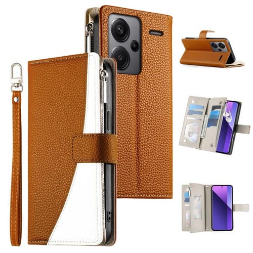Funda de cuero tipo billetera con cremallera para Redmi Note 13 Pro+, costuras globales, múltiples tarjetas y correa corta (marrón)