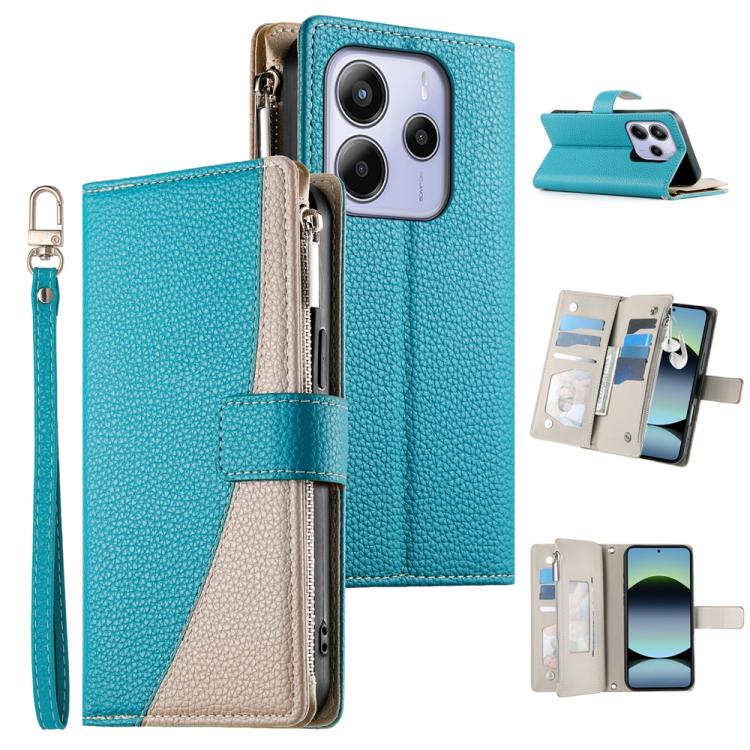 Funda de cuero con cremallera para Redmi Note 14 4G, 163,25 mm, con mĂșltiples tarjetas y correa corta (azul)