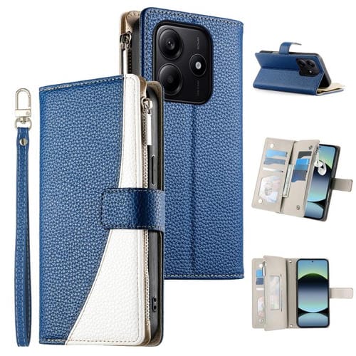 Funda de cuero con cremallera para Redmi Note 14 5G, con costuras globales y múltiples tarjetas, con correa corta (azul oscuro)