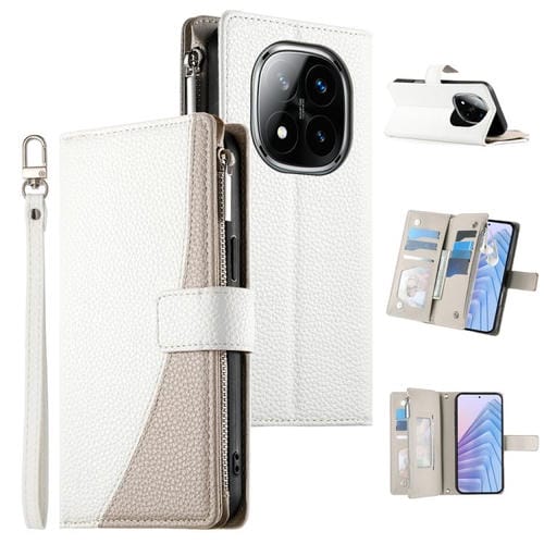 Funda de cuero con cremallera para Redmi Note 14 Pro 4G, con costuras, para múltiples tarjetas y correa corta (blanca)
