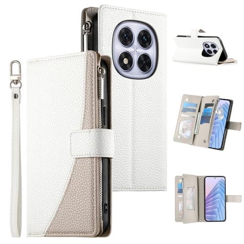 Funda de cuero con cremallera para Redmi Note 14 Pro 5G / Note 14 Pro+ 5G, con costuras, para mĂșltiples tarjetas y correa corta (blanca)