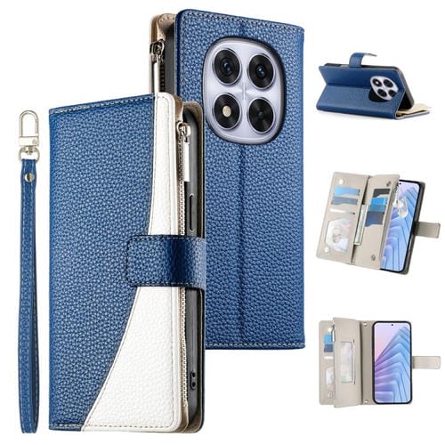 Funda de cuero con cremallera para Redmi Note 14 Pro 5G / Note 14 Pro+ 5G, con costuras, para mĂșltiples tarjetas y correa corta (azul oscuro)