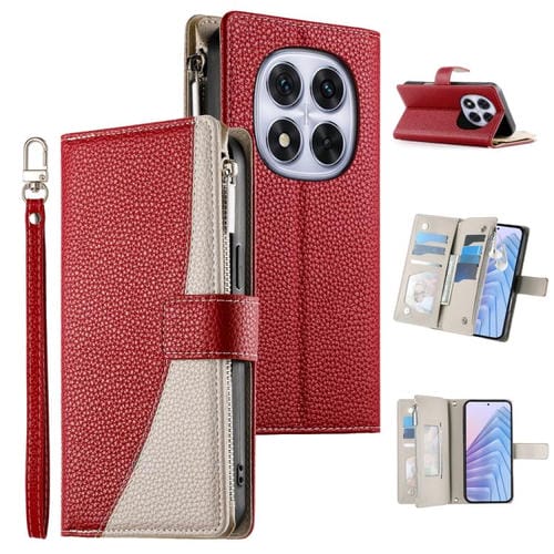 Funda de cuero con cremallera para Redmi Note 14 Pro 5G / Note 14 Pro+ 5G, con costuras, para mĂșltiples tarjetas y correa corta (roja)