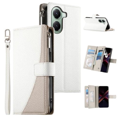 Funda de cuero con cremallera para Redmi Turbo 4 / Xiaomi Poco X7 Pro, con costuras, para múltiples tarjetas y correa corta (blanca)