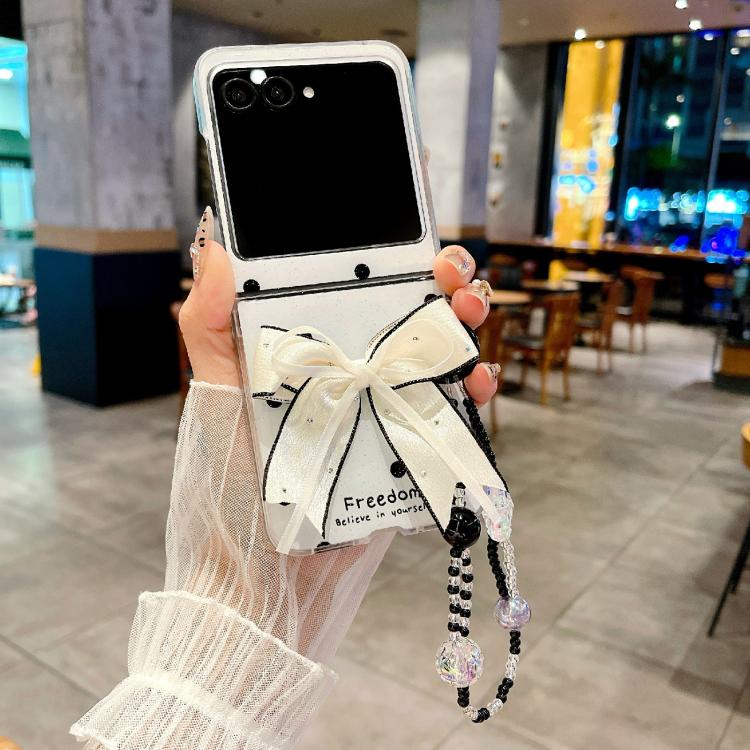 Funda para Motorola Razr 60/Razr 50 con diseño de puntos brillantes y lazo (blanca)