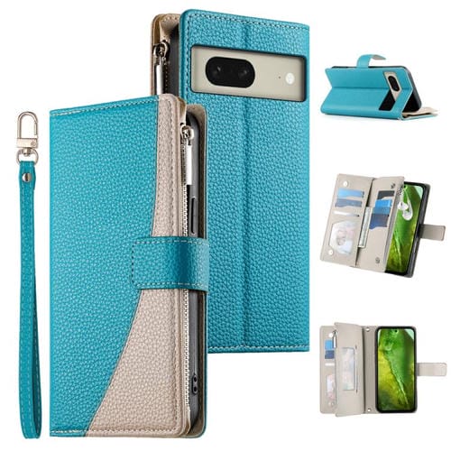 Funda de cuero con cremallera para Google Pixel 8, con múltiples tarjetas y costuras, con correa corta (azul)
