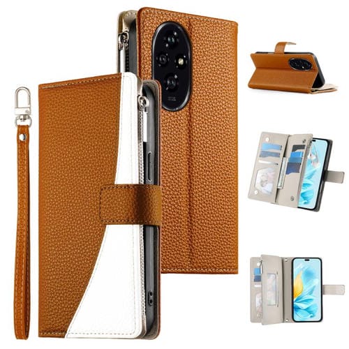 Funda de cuero con cremallera para teléfono con múltiples tarjetas y costuras para Honor 200 (marrón)