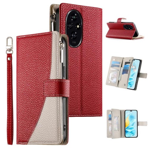 Funda de cuero con cremallera para teléfono con múltiples tarjetas y costuras para Honor 200 (rojo)