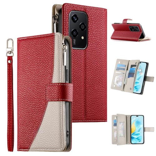 Funda de cuero tipo billetera con cremallera para múltiples tarjetas y costuras globales para Honor 200 Lite, con correa corta (roja)