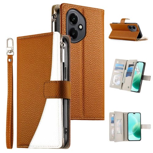 Funda de cuero con cremallera para teléfono Honor 400 Global (156,5 mm), con costuras, compatible con múltiples tarjetas y correa corta (marrón)
