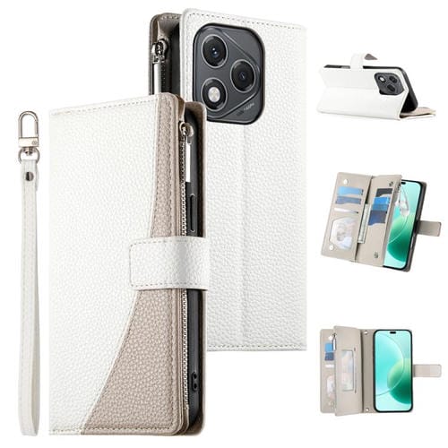 Funda de cuero tipo billetera con cremallera y múltiples tarjetas, con costuras globales y correa corta para Honor 400 Lite (blanca)