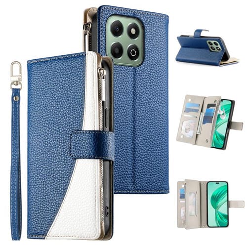 Funda de cuero tipo billetera con cremallera y múltiples tarjetas para Honor X6a/Honor X6b 4G, con costuras y correa corta (azul oscuro)