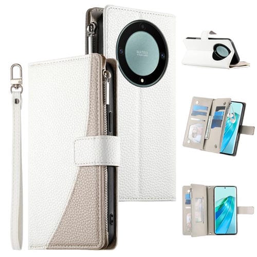 Funda de cuero tipo billetera con cremallera y múltiples tarjetas, con costuras y correa corta para Honor X9a / X40 / Magic5 Lite (blanca)
