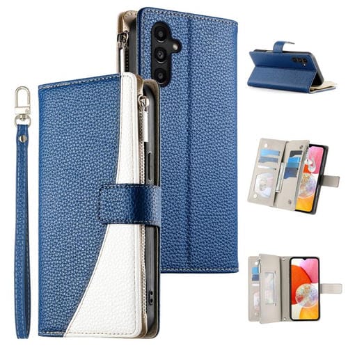 Funda de cuero con cremallera para Samsung Galaxy A14 4G/5G, con costuras, para mĂșltiples tarjetas y correa corta (azul oscuro)