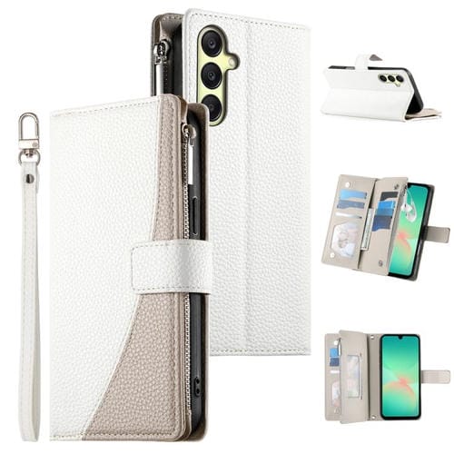 Funda de cuero con cremallera y múltiples tarjetas para Samsung Galaxy A26 5G / A16 / A17 4G con costuras y correa corta (blanca)