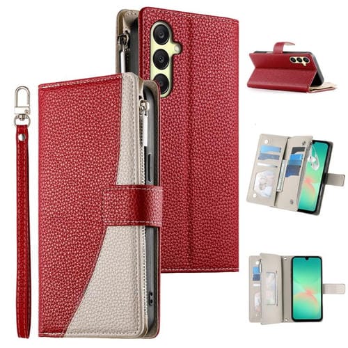 Funda de cuero con cremallera y mĂșltiples tarjetas para Samsung Galaxy A26 5G / A16 / A17 4G con costuras y correa corta (roja)